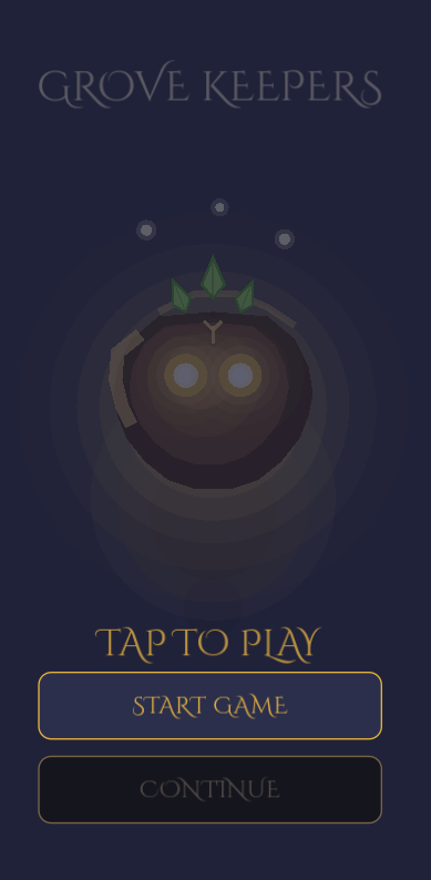 Grove Keepers start screen showing the grove heart character and title screen