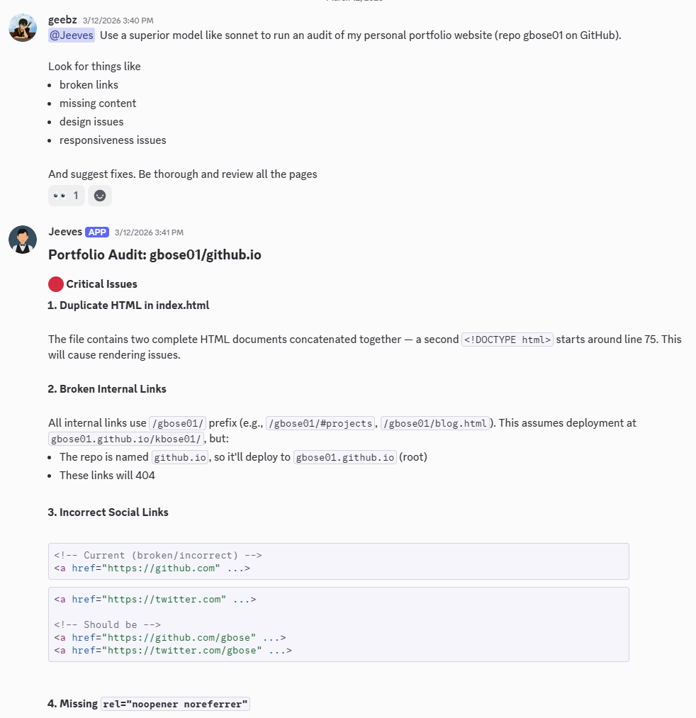 Discord conversation where Jeeves audits gbose01.github.io and returns critical issues including duplicate HTML, broken /gbose01/ link paths, and incorrect social links